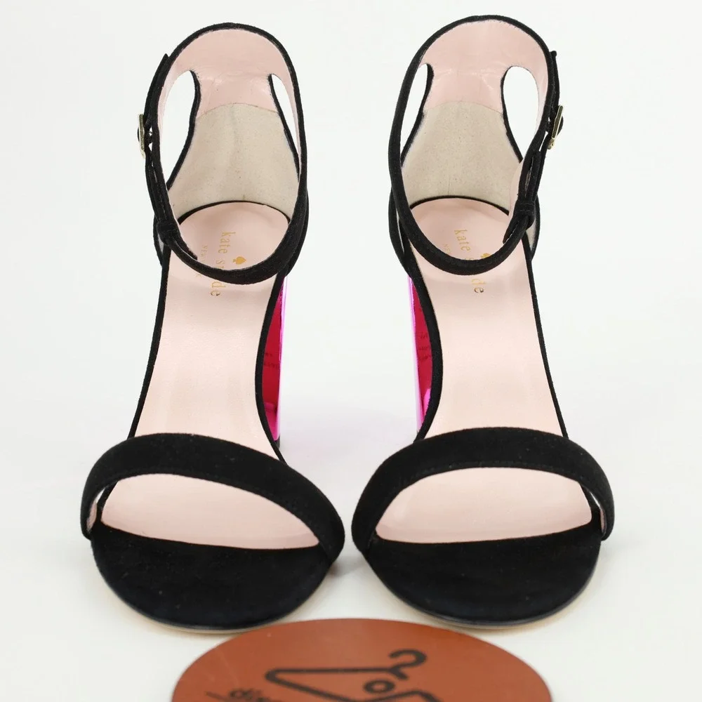 Kate Spade Ilona‎ Too Black Kid Suede Fuchsia Mirror Block Heel Sandals 9.5M
